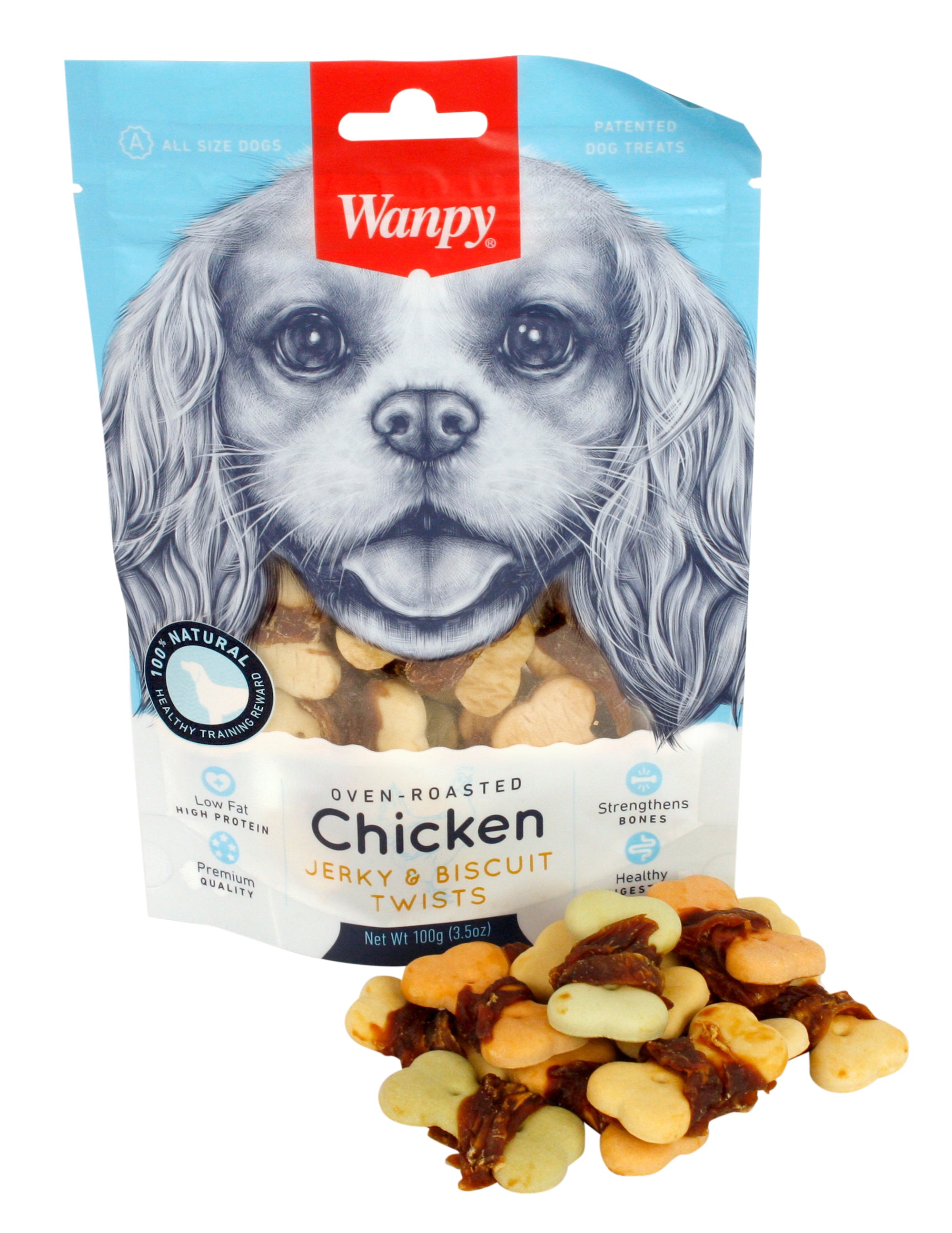 Wanpy Oven-Roasted Chicken Jerky / Biscuit Twists WANPY DogDepot.nl